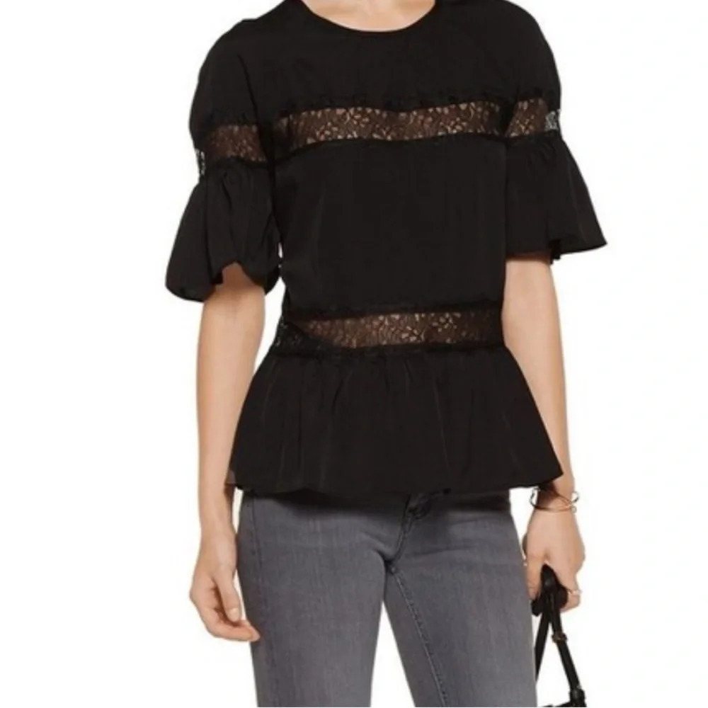 Walter Baker women’s black top with sheer lace accents. puff sleeves size M
